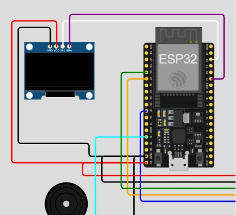 ESP32 I2C wiring showing GPIO21 as SDA and GPIO22 as SCL.